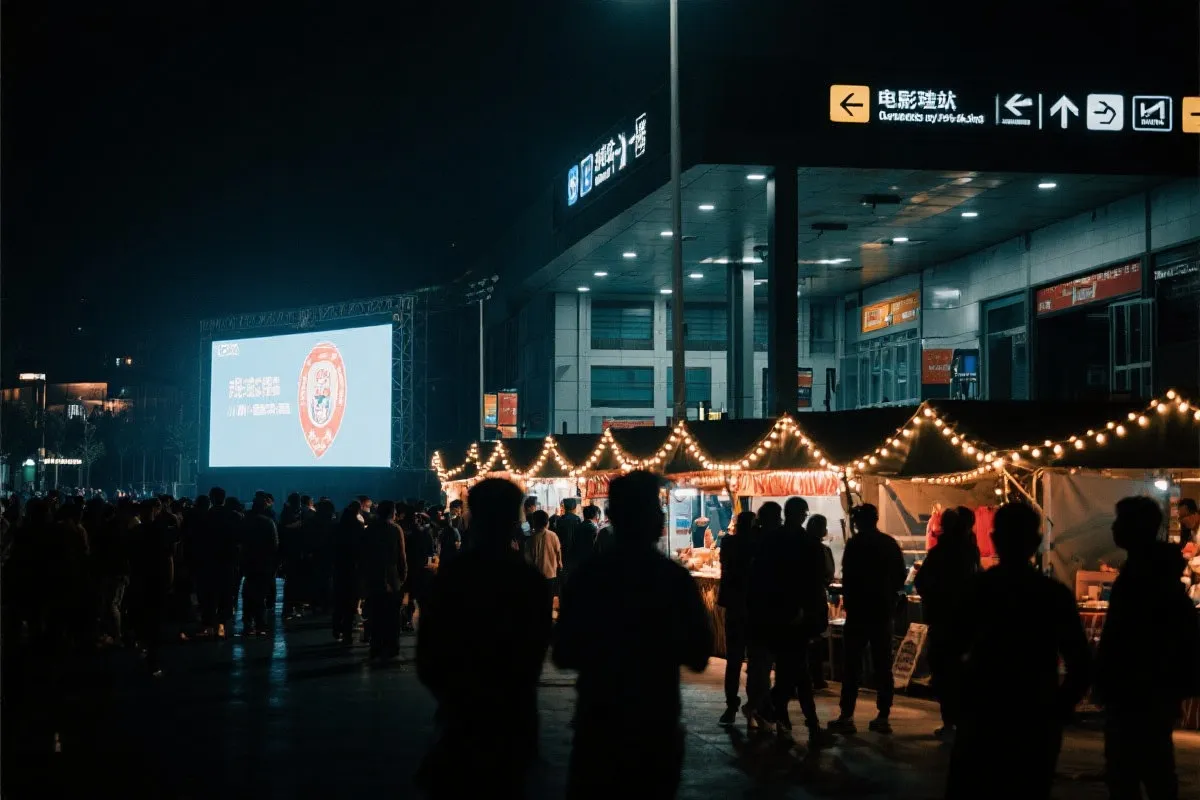 费城球迷广场夜景：大屏观赛人群、步行指示牌与公共交通入口
